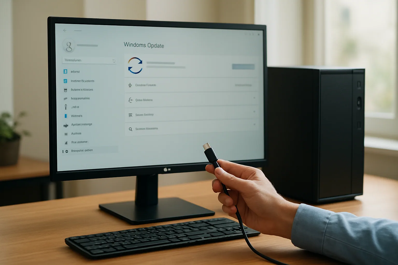 Un monitor LG conectado a una PC con Windows en un escritorio de oficina, mientras se ve la pantalla de actualizaciones del sistema.