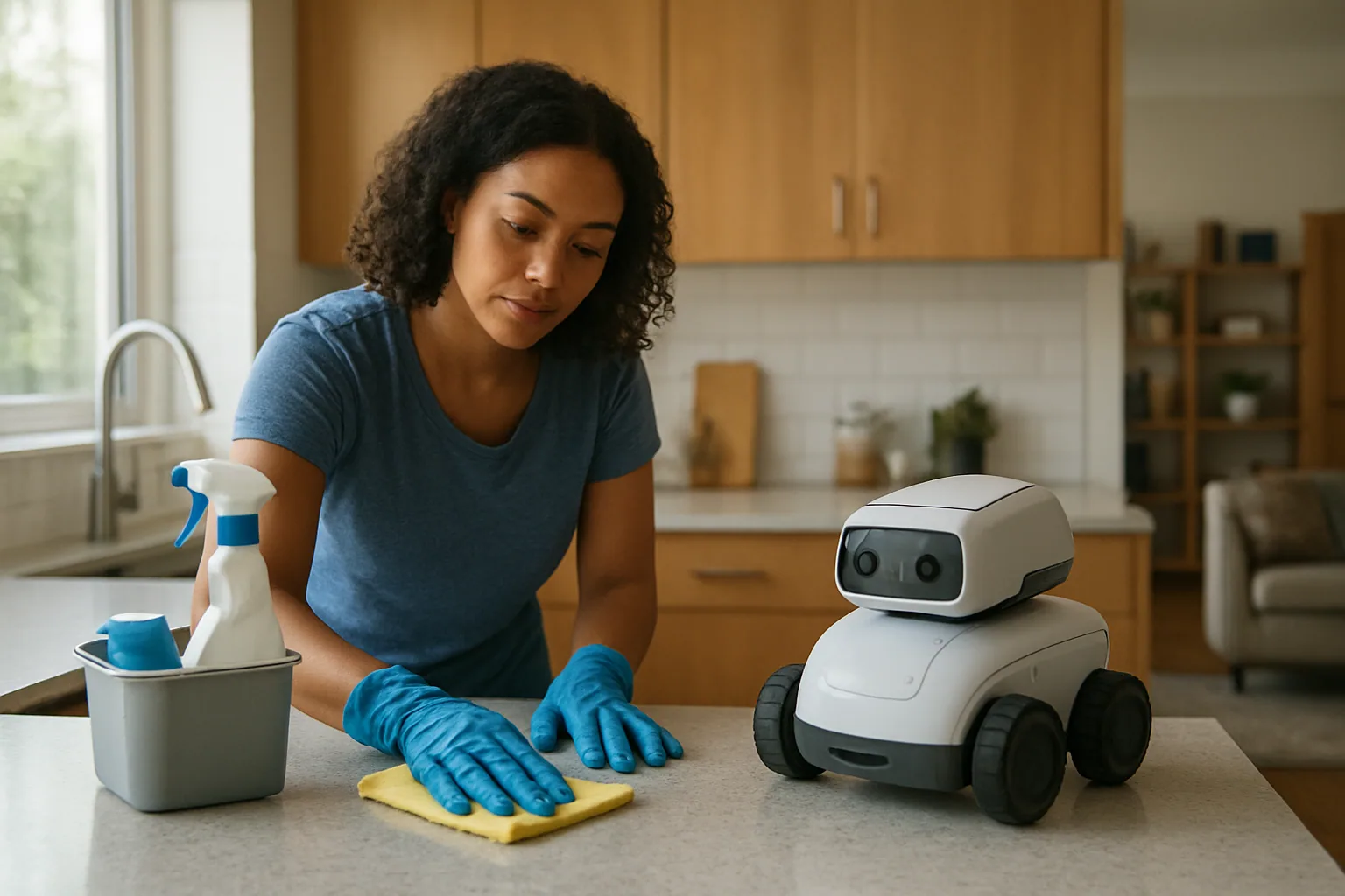 Una persona limpia una sala moderna mientras un robot doméstico observa la escena desde el fondo, en una casa real con luz natural.