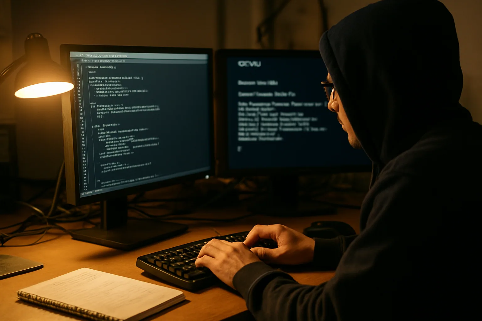 Una terminal en una pantalla de laboratorio muestra el arranque de un kernel antiguo emulado en QEMU mientras una persona revisa código Rust en un monitor al lado.