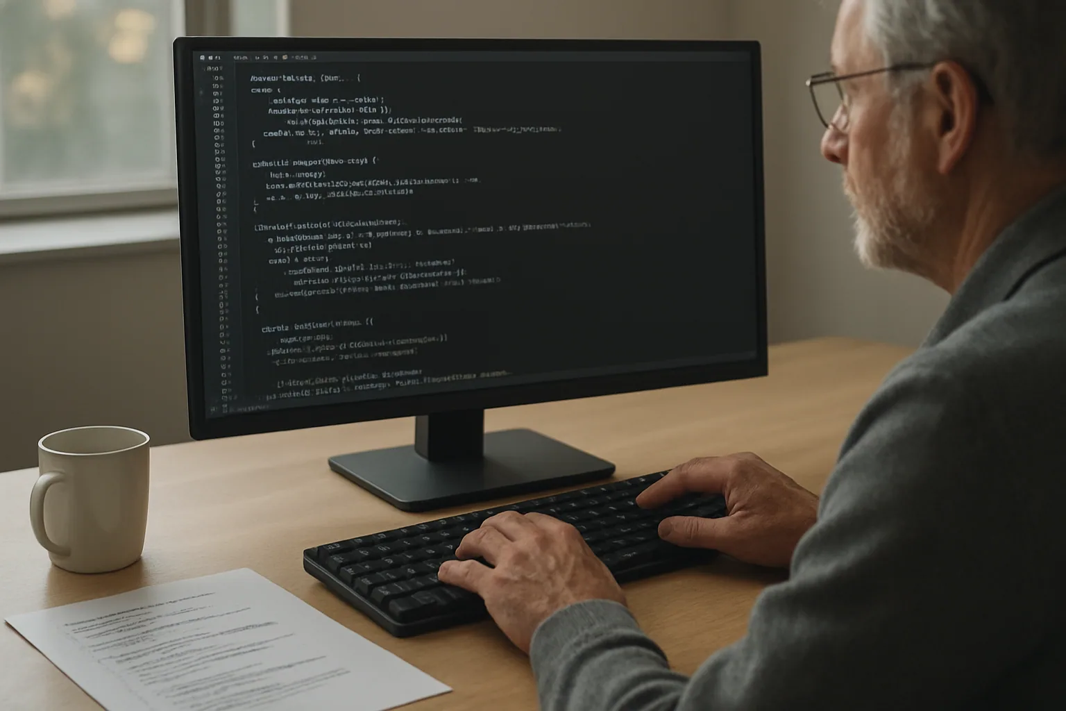 Una persona revisa código del kernel de Linux en un monitor grande dentro de una oficina técnica, con notas impresas y una taza de café sobre el escritorio.