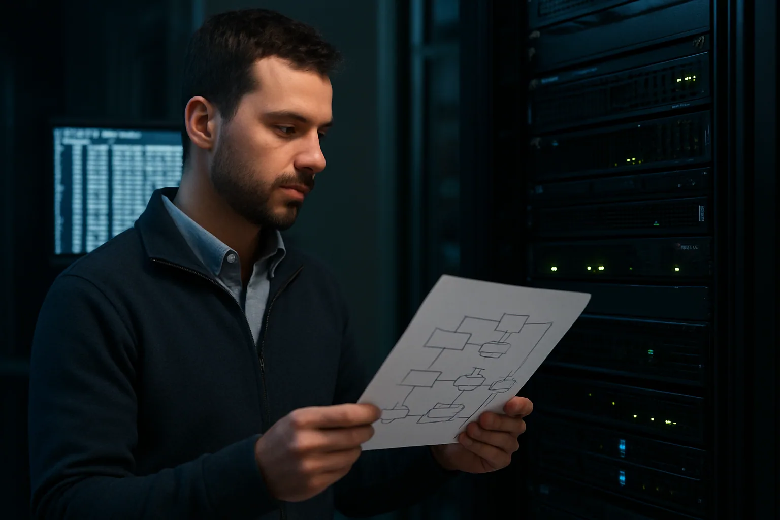 Una persona administradora de sistemas revisa una consola en un servidor físico dentro de un centro de datos, con racks al fondo y luces tenues.