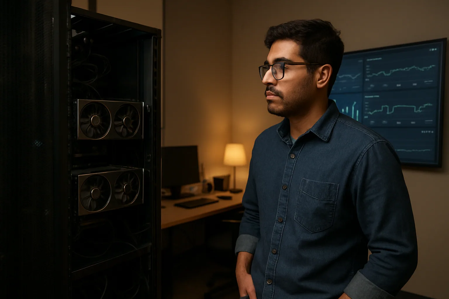 Un ingeniero revisa métricas de inferencia en un monitor junto a un servidor con GPUs en un rack de oficina.