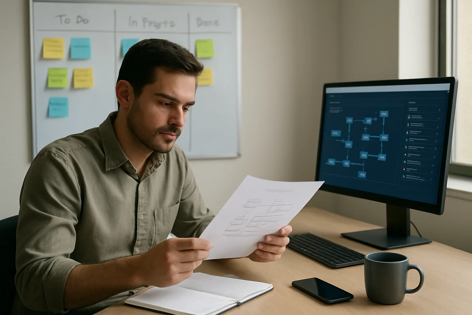 Una persona en una oficina revisa un panel de automatización con notas, documentos y un teléfono al lado de una computadora de escritorio.