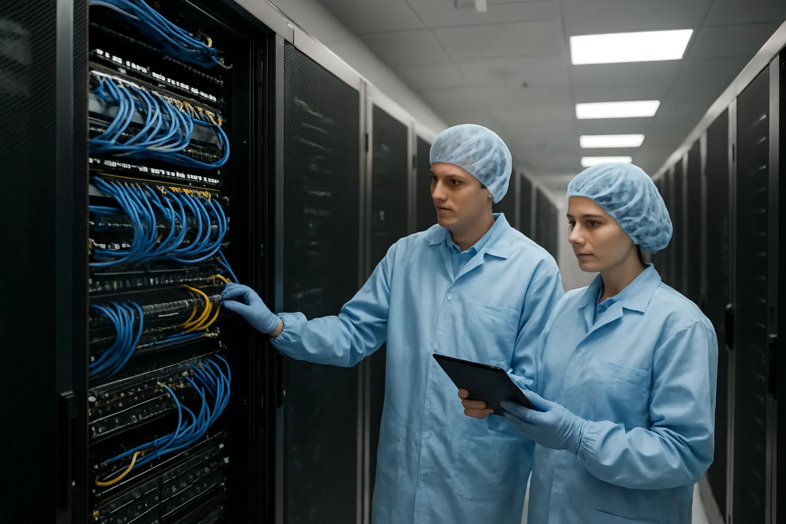 Vista de una sala de servidores con racks alineados, cableado ordenado y técnicos trabajando frente a paneles de monitoreo.