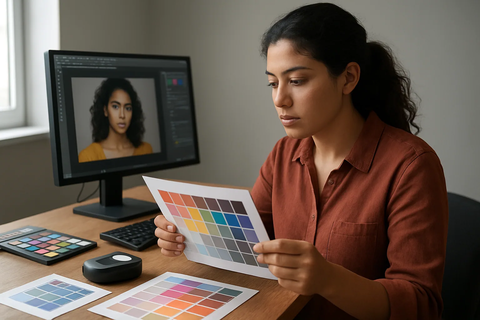 Una persona revisa una carta de color impresa junto a un monitor calibrado en un estudio de diseño con iluminación neutra.