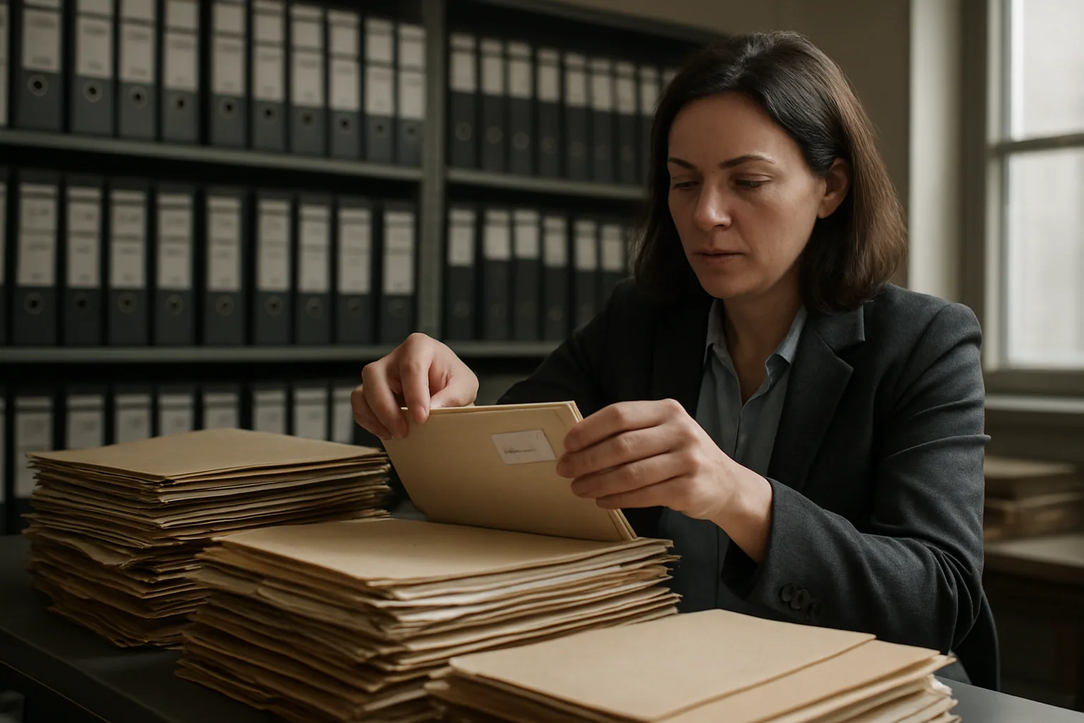 Una persona revisa un expediente judicial impreso en una mesa de archivo, con carpetas y documentos legales apilados en una oficina sobria.
