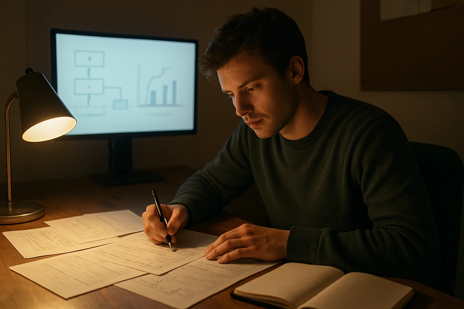 Una persona revisa notas junto a una pantalla con diagramas de entrenamiento de modelos de lenguaje en un escritorio de oficina.