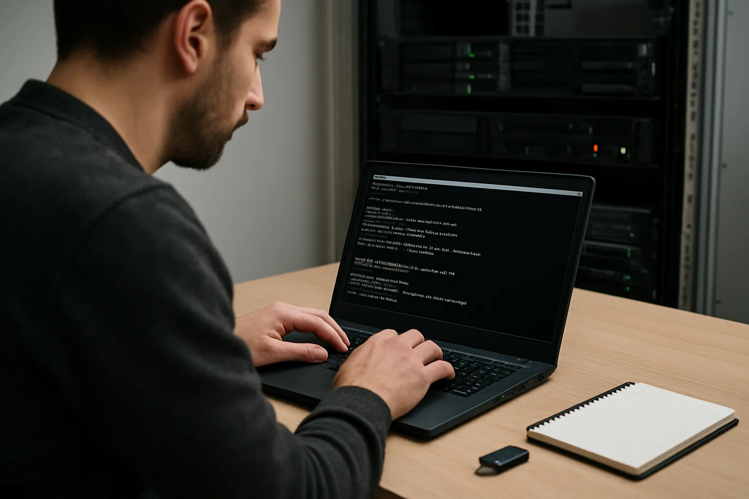 Una laptop abierta con Linux en pantalla junto a una terminal mostrando comandos de cifrado y un candado físico sobre un escritorio.