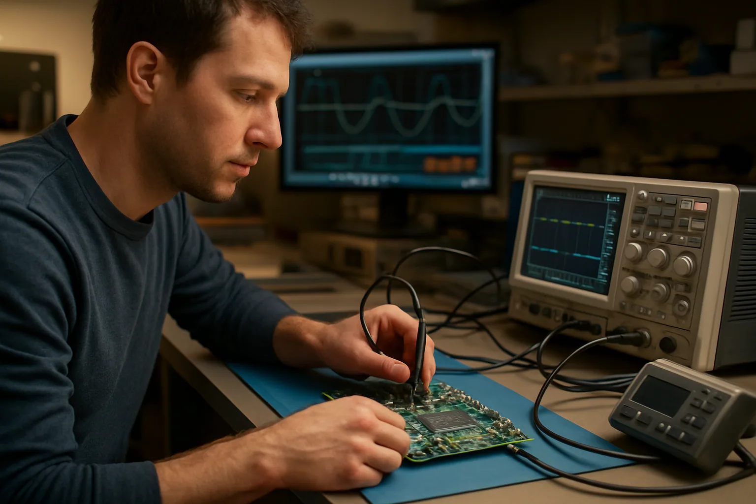 Un ingeniero revisa una placa FPGA conectada a instrumentos de laboratorio mientras una pantalla muestra trazas de latencia y métricas de inferencia.