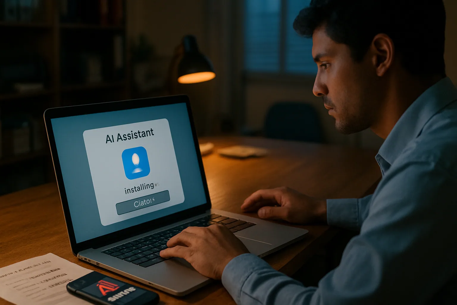 Persona revisando una laptop en una oficina mientras en la pantalla aparece una ventana de instalación falsa de un asistente de IA y al lado hay un teléfono con notificaciones de seguridad.