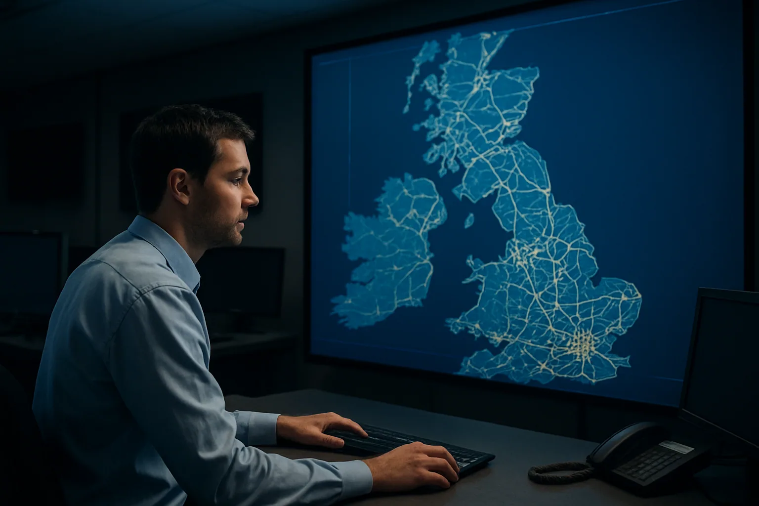 Una pantalla muestra un mapa del Reino Unido con líneas ferroviarias y múltiples trenes en movimiento en tiempo real dentro de una sala de control moderna.