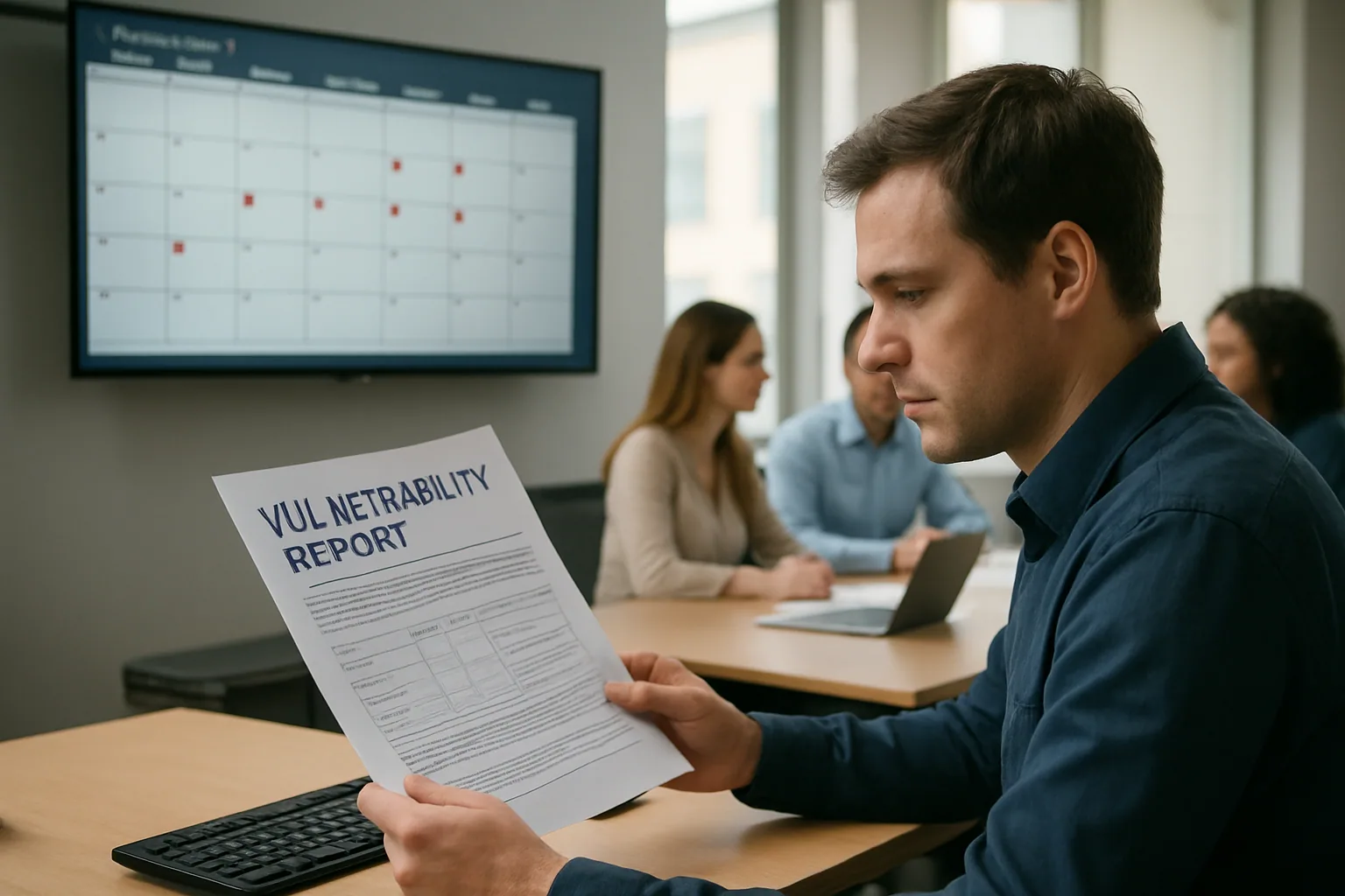 Una persona revisa un tablero de seguridad con alertas de vulnerabilidades mientras, al fondo, un equipo de producto trabaja en un lanzamiento de software.