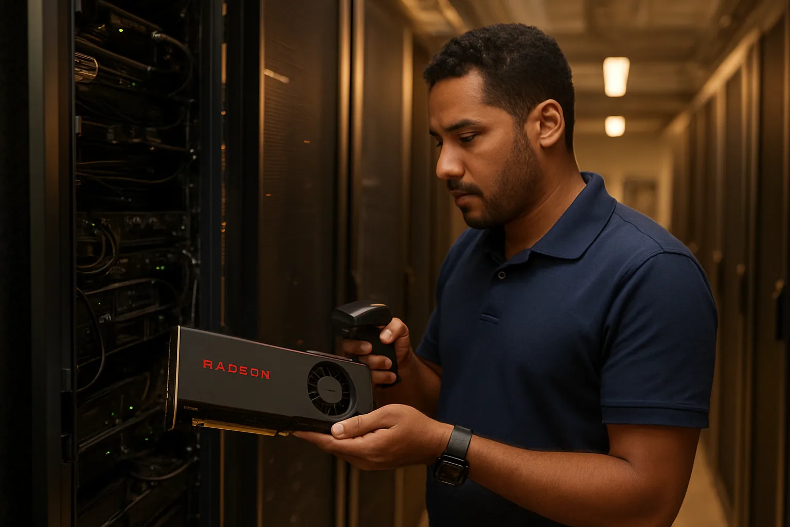 Un técnico revisa una placa de servidor AMD en un rack de centro de datos mientras monitorea métricas de rendimiento y consumo en una pantalla lateral.