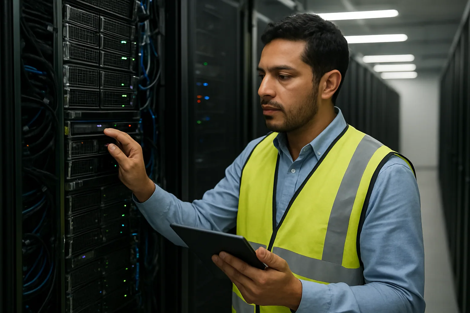 Un técnico revisa un rack de servidores en un centro de datos mientras una pantalla muestra métricas de rendimiento y consumo eléctrico.