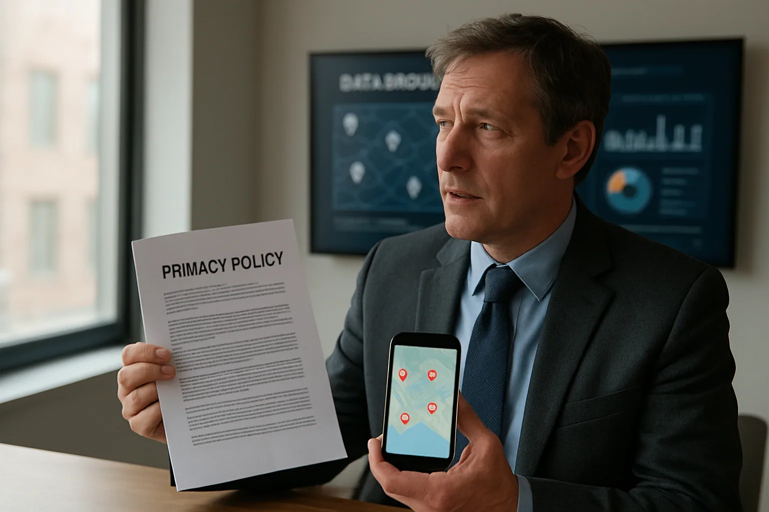 Una persona revisa en su teléfono un mapa con seguimiento de ubicación mientras al fondo se ve una oficina con pantallas de análisis de datos.