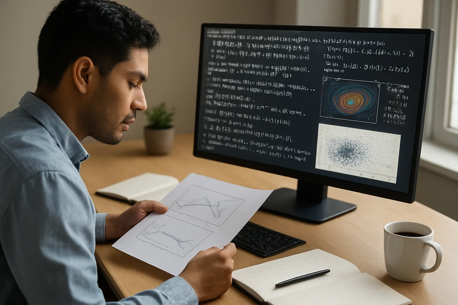 Una persona trabaja frente a una pantalla con código y gráficos técnicos de Wolfram Mathematica en una oficina moderna, con cuadernos y una taza sobre el escritorio.