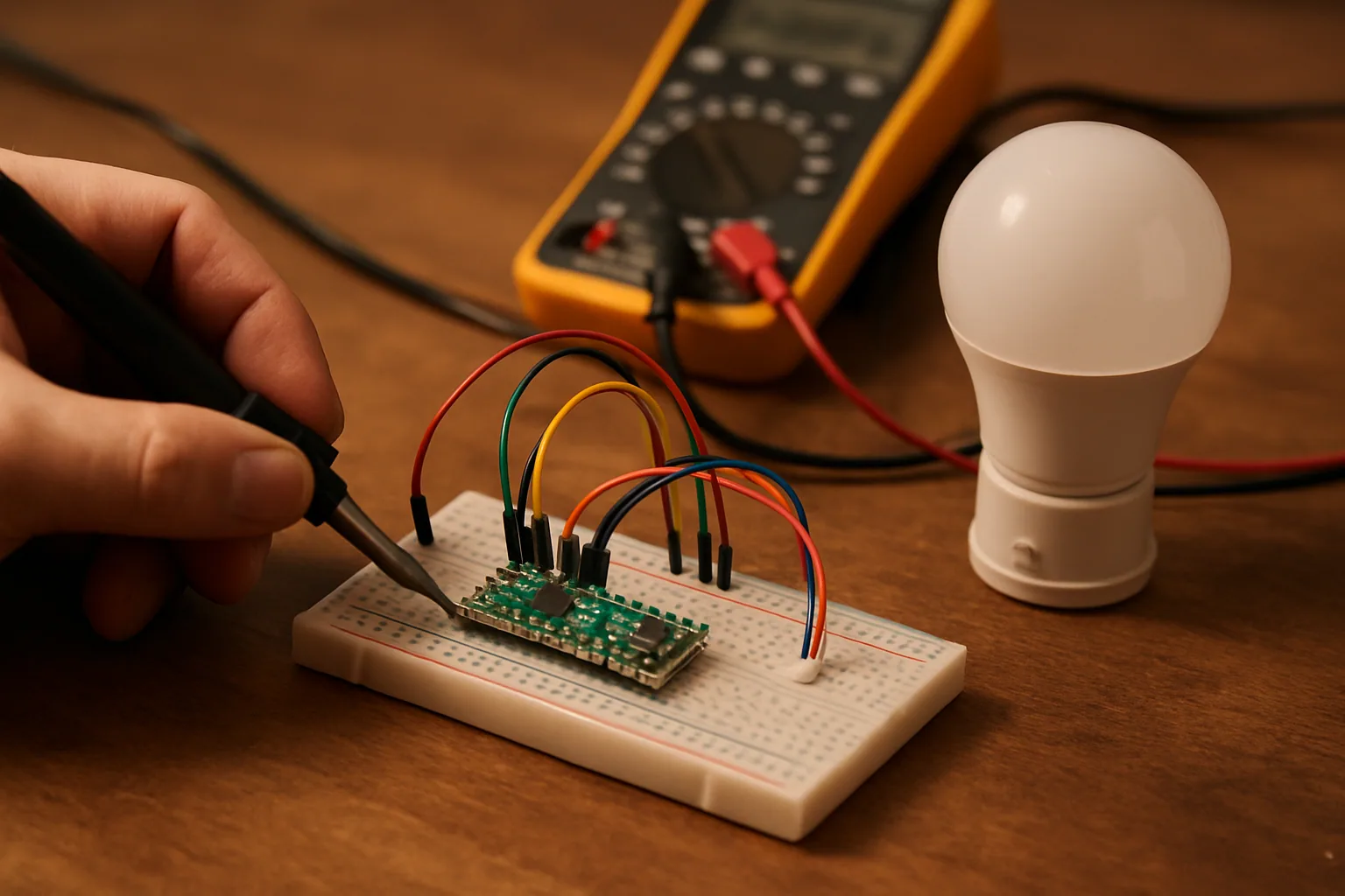 Una Raspberry Pi Pico 2 W conectada a una pequeña placa de prueba junto a una bombilla LED y cables sobre una mesa de trabajo.