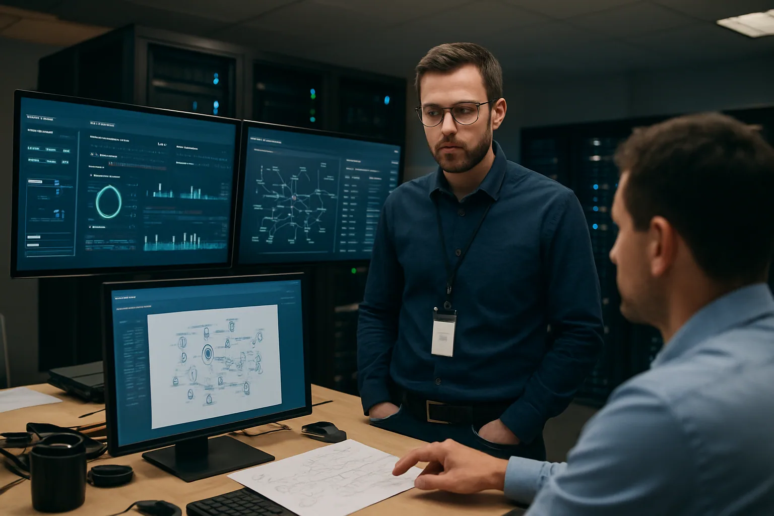 Un equipo de seguridad revisa en una sala de operaciones varios monitores con flujos de integración de IA y alertas de acceso mientras un analista toma notas frente a un panel de control.