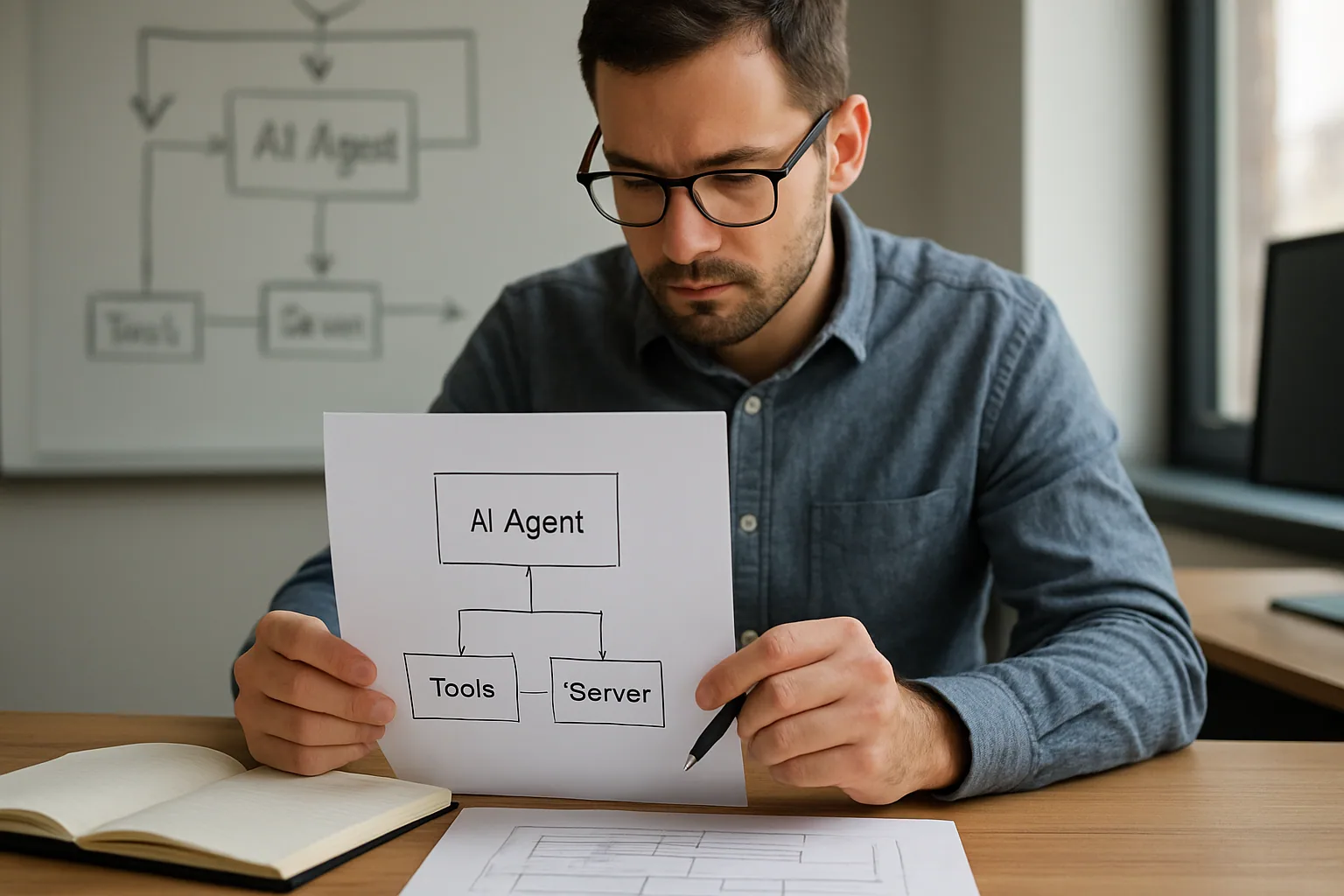 Una persona revisa en una mesa de trabajo un diagrama de integración entre un agente de IA, varias herramientas y un servidor MCP en una oficina moderna.