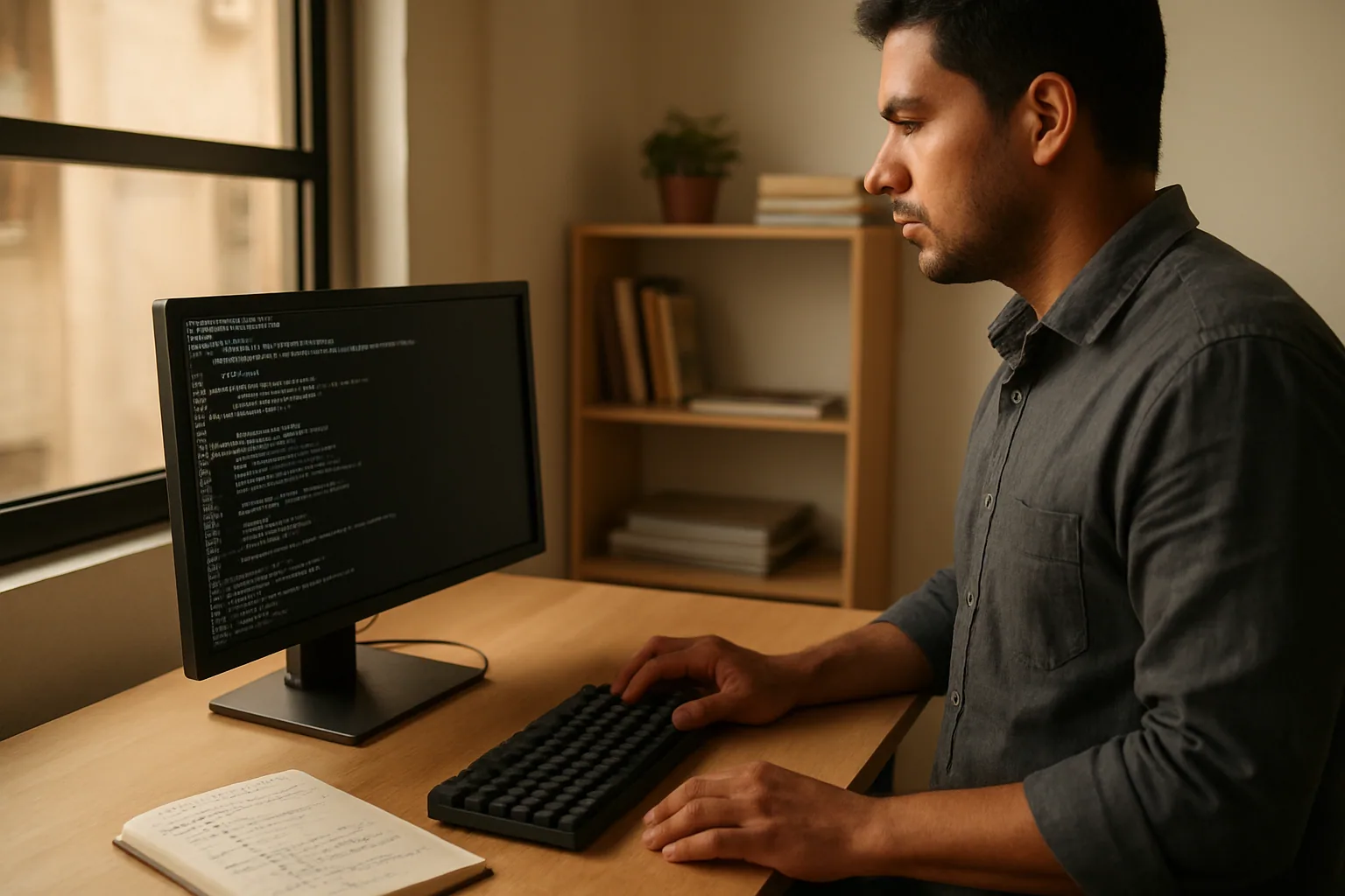 Una persona usando una terminal en una pantalla externa mientras revisa documentación de una herramienta CLI en un escritorio de trabajo.