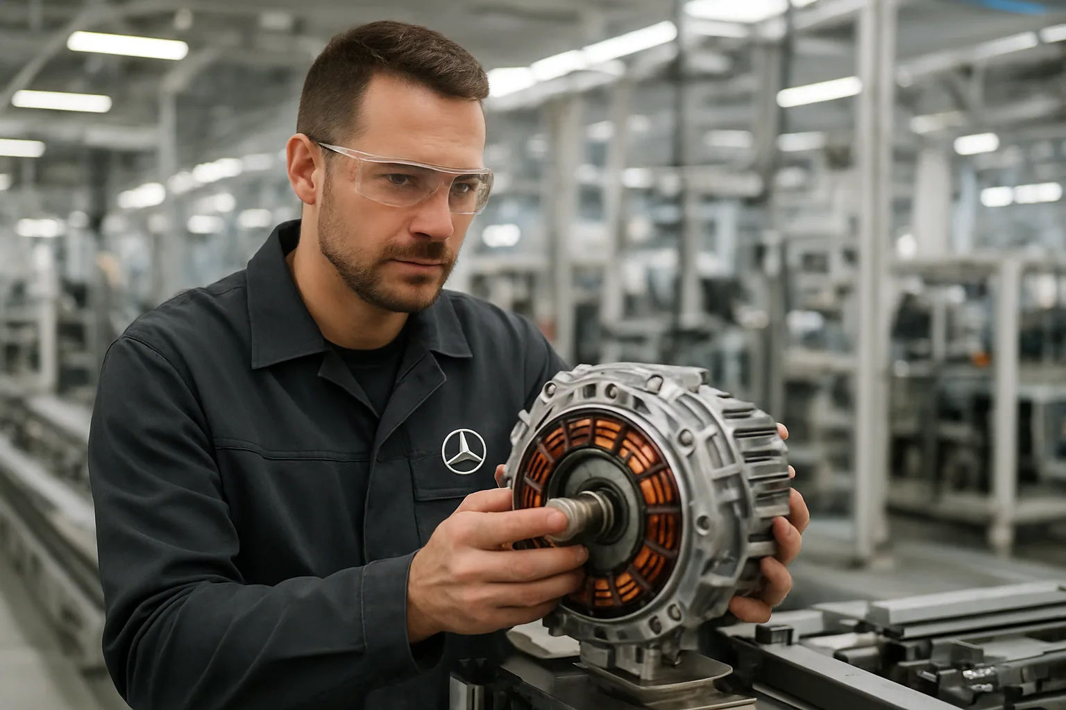 Un técnico revisa un motor eléctrico de flujo axial en una línea de producción industrial de Mercedes-Benz, con componentes metálicos y maquinaria de fábrica al fondo.