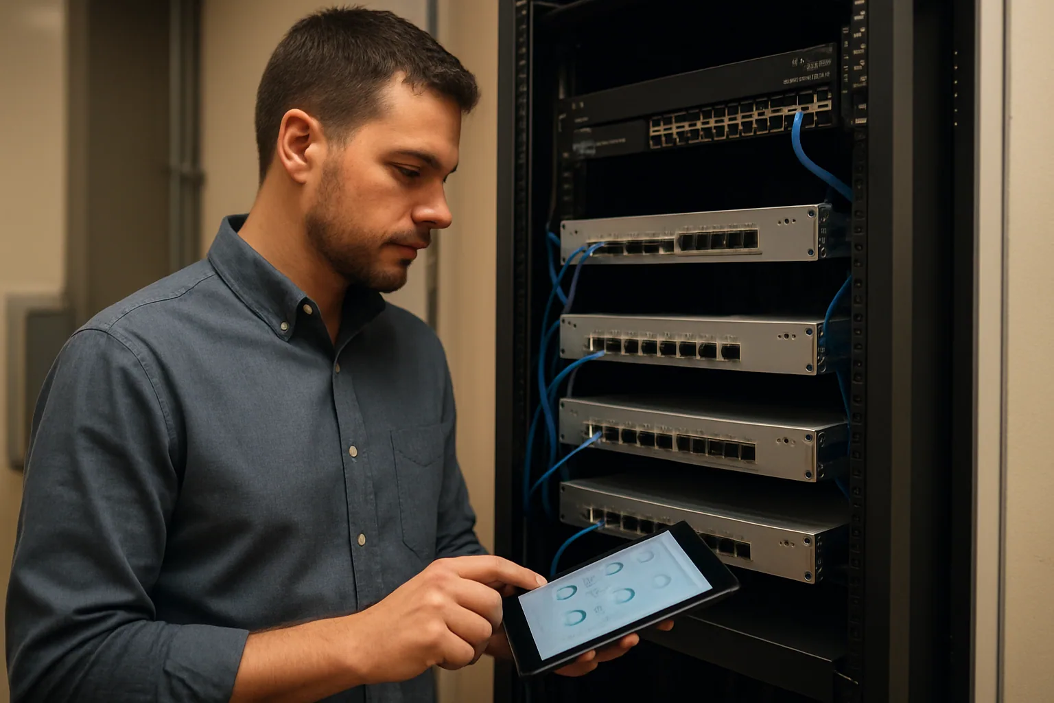 Un técnico revisa un rack pequeño con varios nodos conectados por cables Ethernet en una sala de servidores compacta.