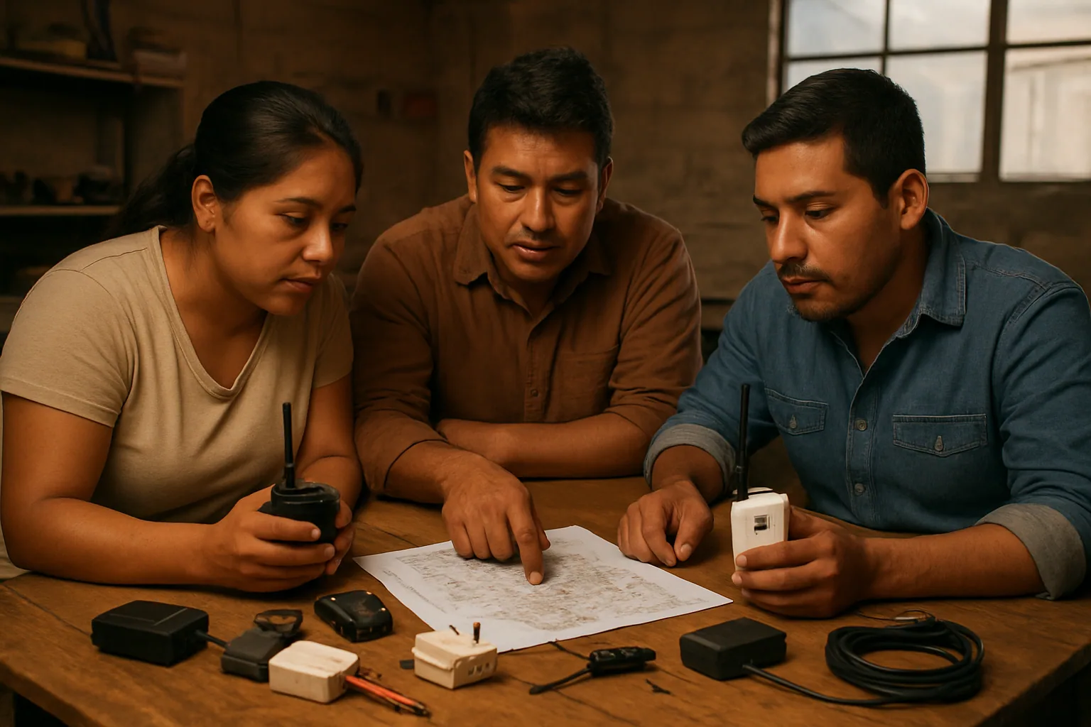 Un grupo de personas revisa radios y nodos portátiles en una mesa de trabajo dentro de un taller técnico, con antenas y mapas impresos al fondo.
