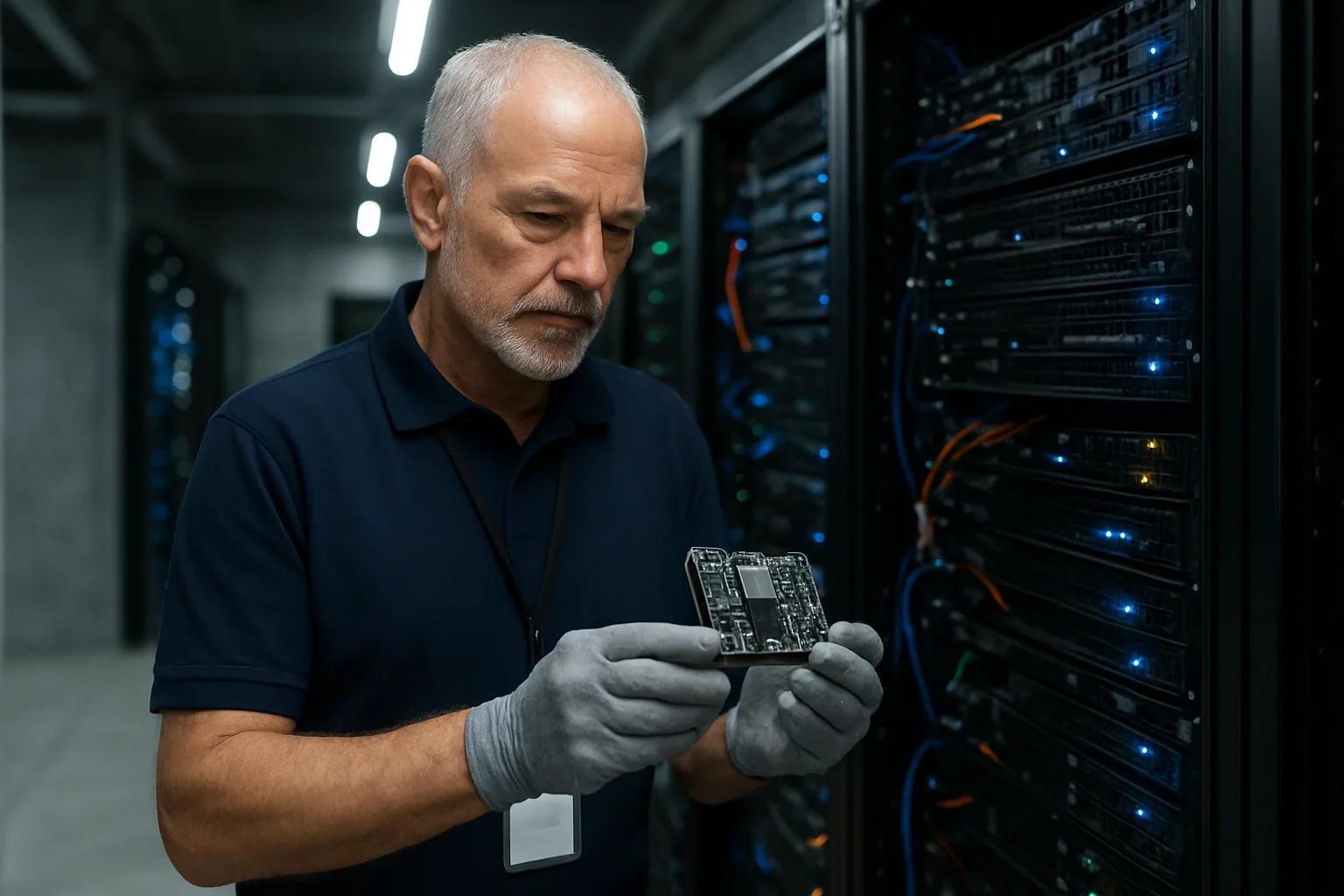 Un técnico revisa racks de servidores en un centro de datos mientras una placa de silicio y un diagrama de chip aparecen sobre una mesa de trabajo.