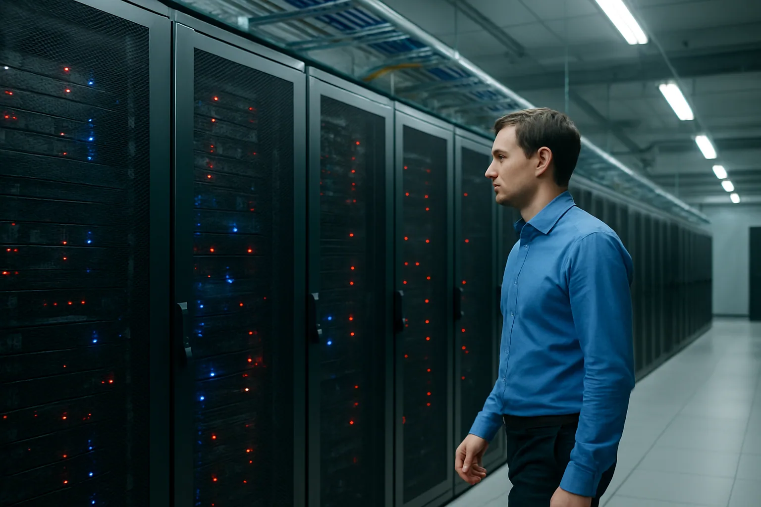 Una sala de servidores con filas de racks y luces de estado encendidas, vista en un centro de datos moderno.