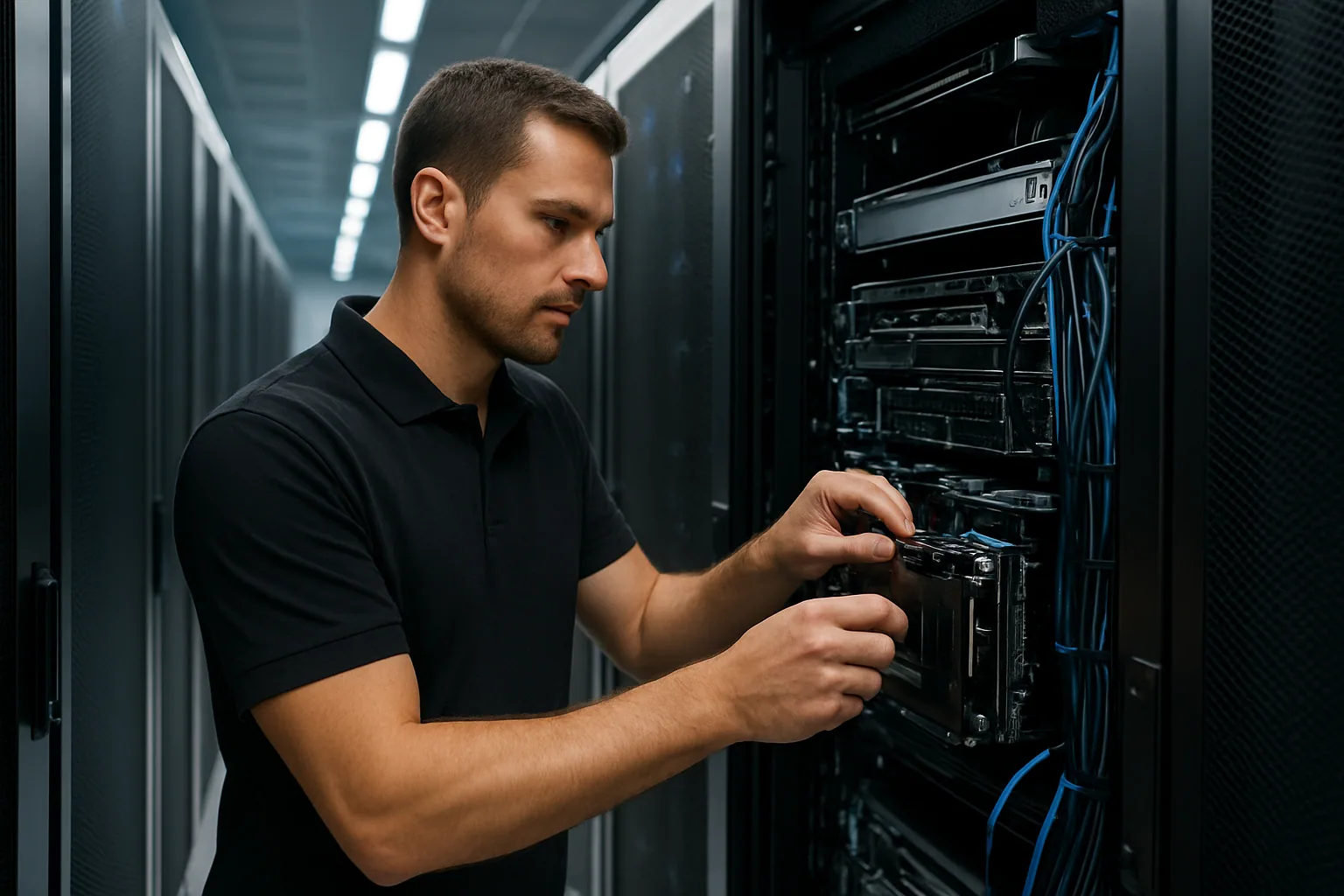 Un técnico revisa racks de servidores en un data center iluminado en azul, con bandejas de hardware abiertas y cableado visible.