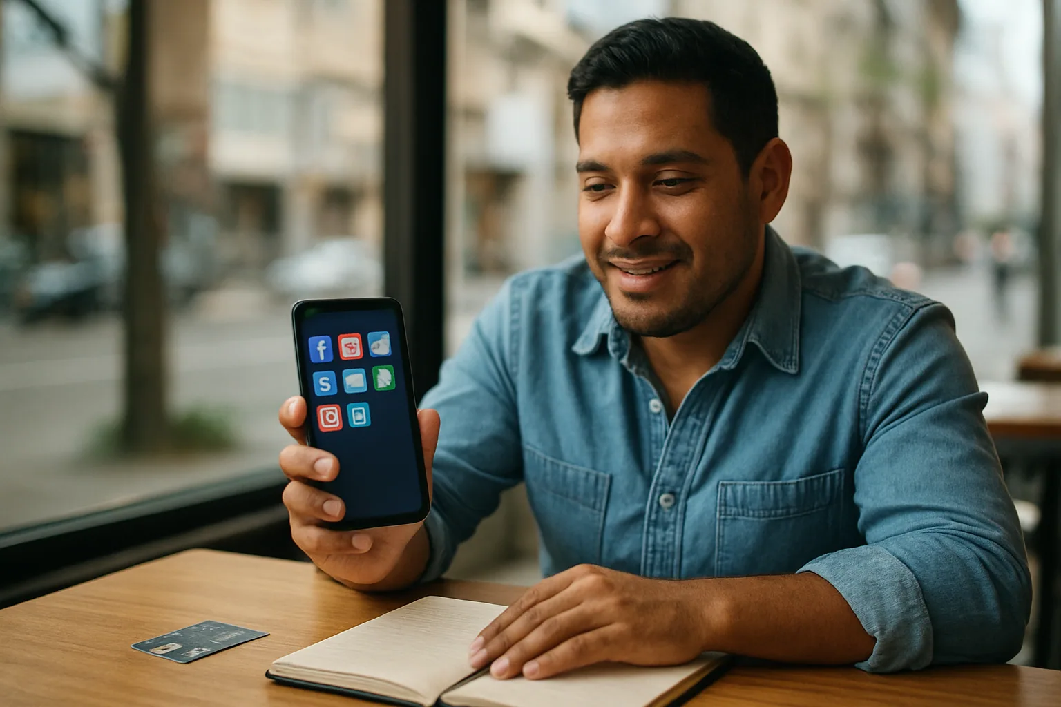 Una persona revisa en un teléfono las apps de Meta mientras en una mesa hay una libreta con notas de negocio y una tarjeta de pago.