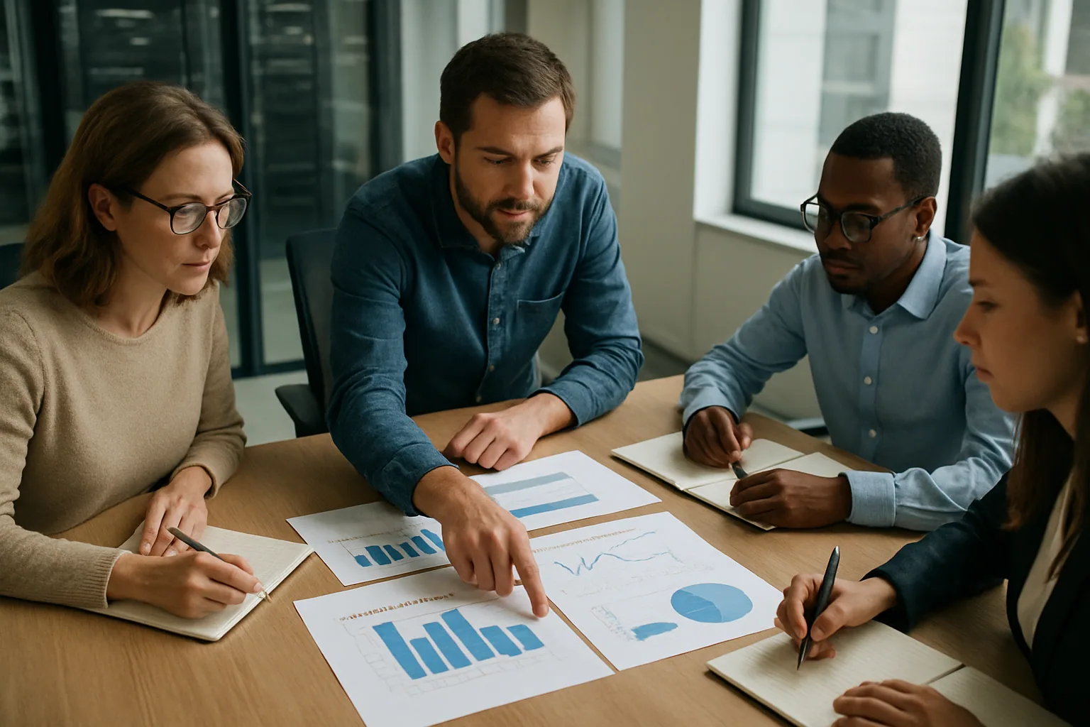 Un equipo de ingeniería revisa métricas de consumo de IA en una sala de reuniones con pizarras y gráficos impresos.
