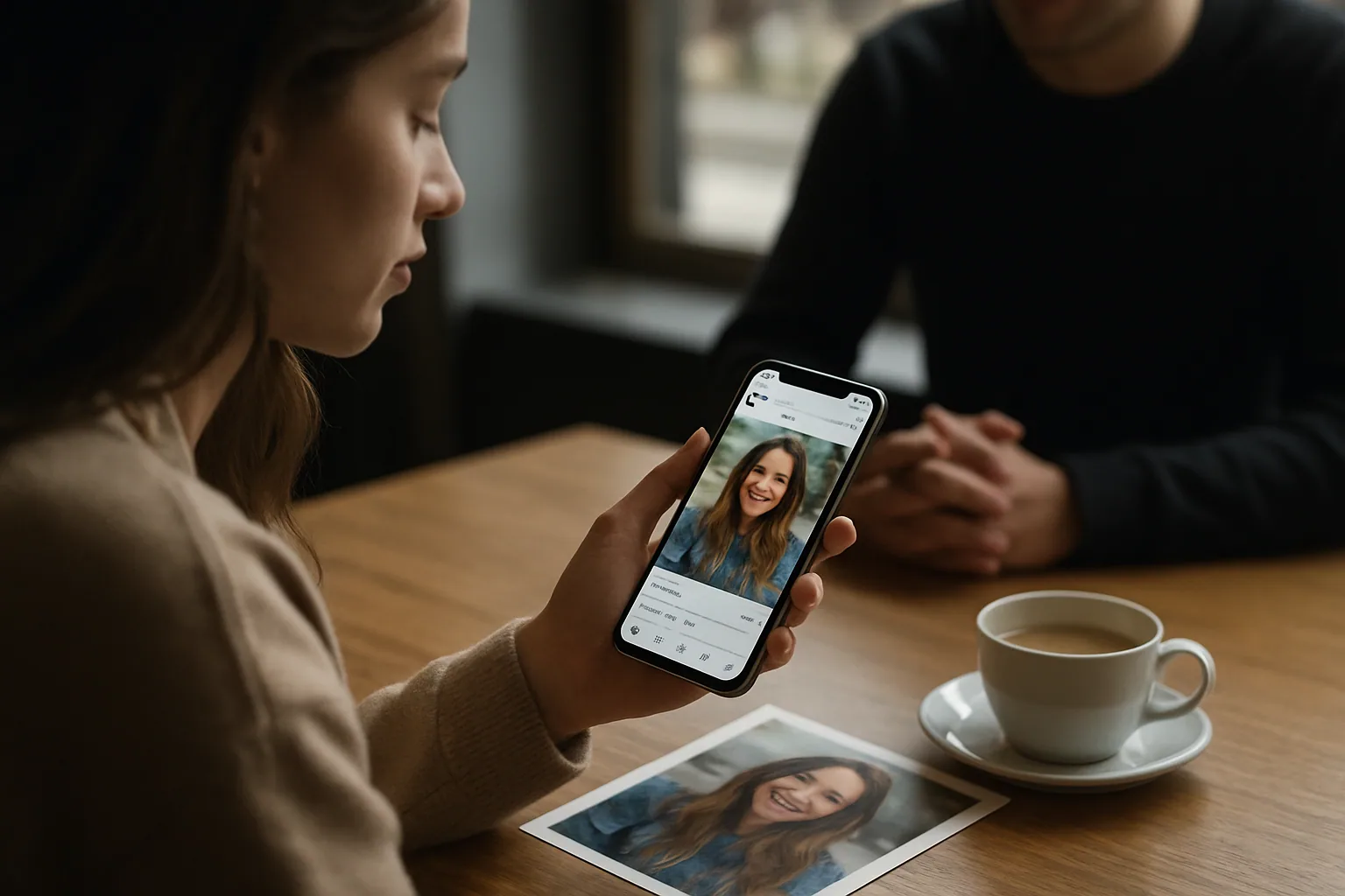 Una persona revisa Instagram en un teléfono mientras otra imagen de perfil y herramientas de edición aparecen en pantalla, en una escena de oficina cotidiana.