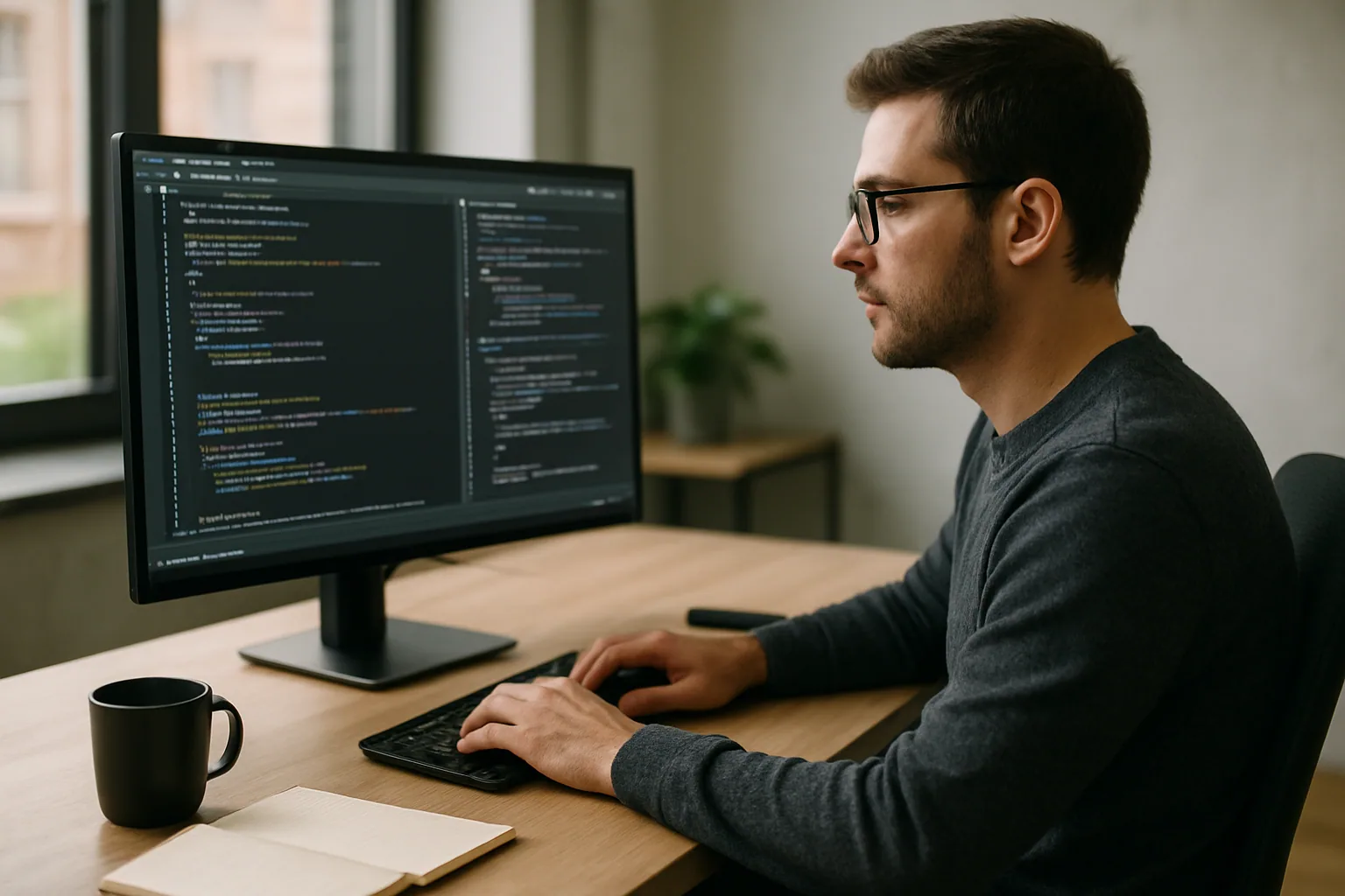 Una persona desarrolladora revisa código en una pantalla grande mientras compara una herramienta de IA de Meta con otras opciones de programación en una oficina moderna.