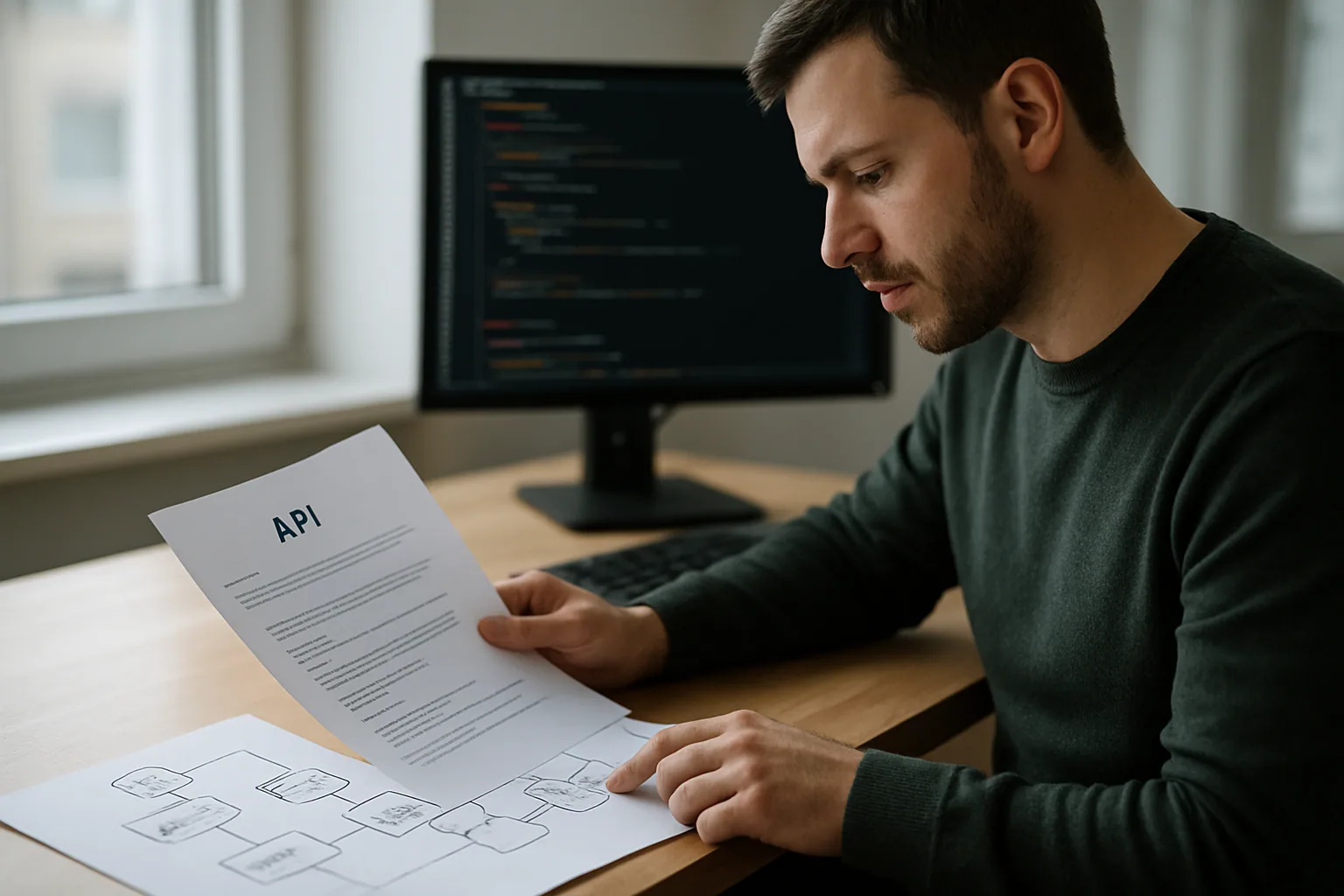 Una persona revisa documentación técnica en una pantalla mientras en una mesa hay notas de arquitectura de software y una libreta con diagramas de integración.
