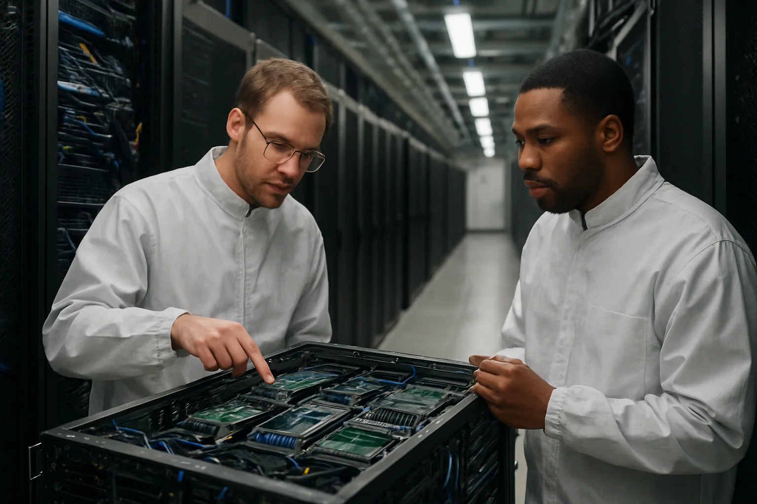 Un rack de servidores en un centro de datos moderno con técnicos revisando hardware y cableado de red.