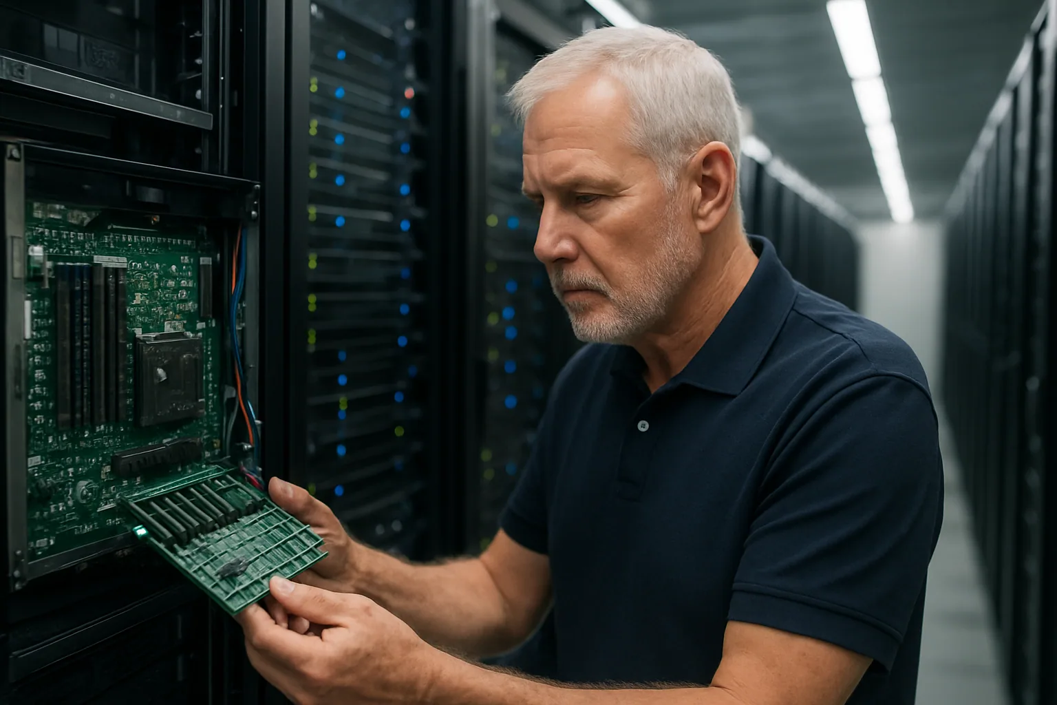 Un técnico revisa un servidor de data center abierto con módulos de memoria visibles y cableado de alta densidad en un pasillo de racks.