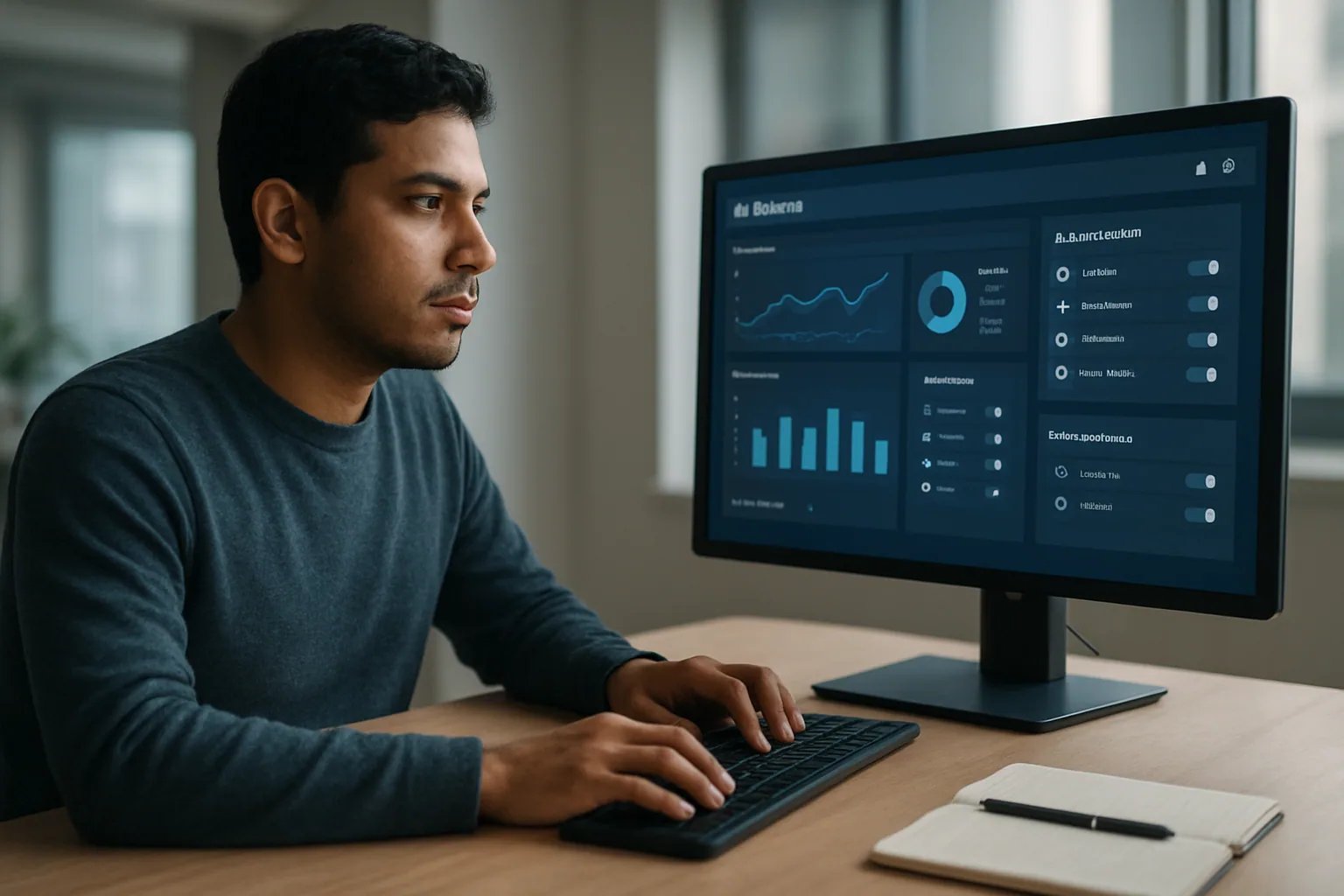 Una persona revisa en una pantalla de oficina un panel de control de IA con métricas, configuraciones de acceso y registros de seguridad alrededor de un modelo Llama.