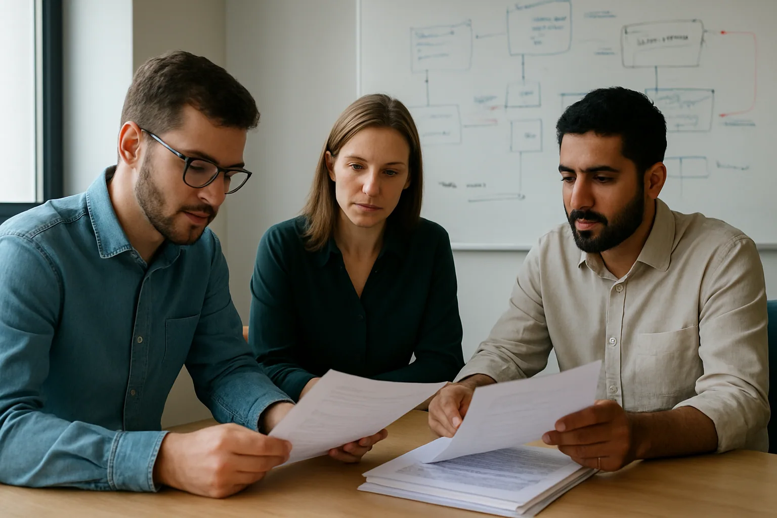 Un equipo de ingeniería revisa especificaciones y pruebas en una sala de trabajo con pizarras llenas de diagramas y papel impreso.