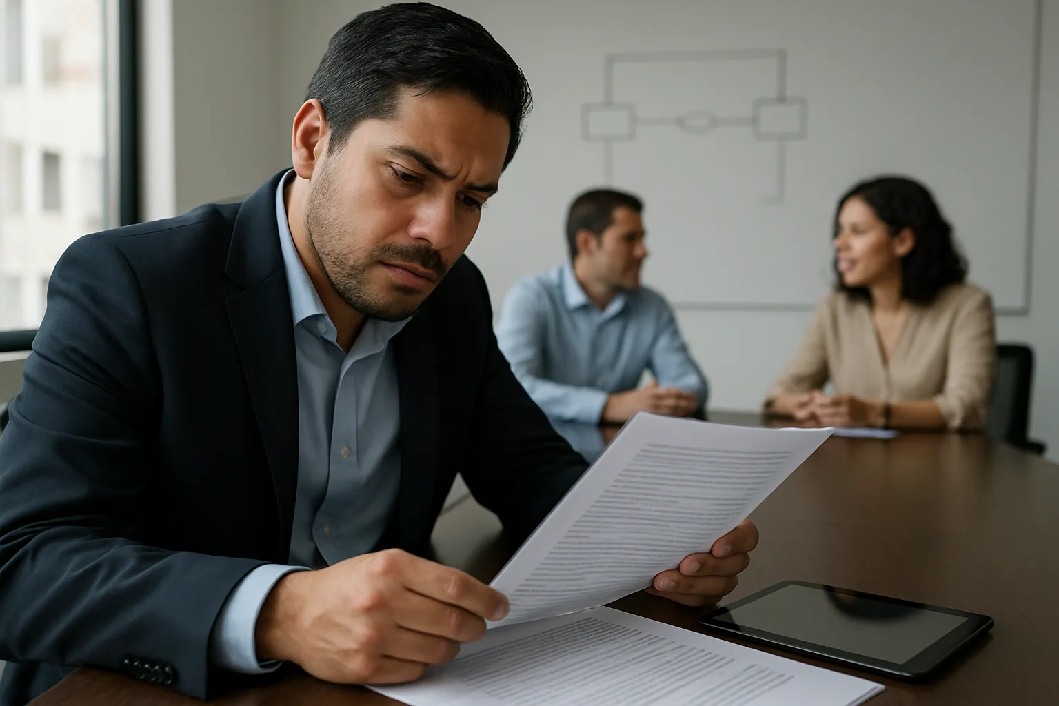 Una persona revisa documentos regulatorios en una mesa de oficina mientras al fondo se ve una pantalla con diagramas de flujo de datos y un equipo de trabajo en reunión.