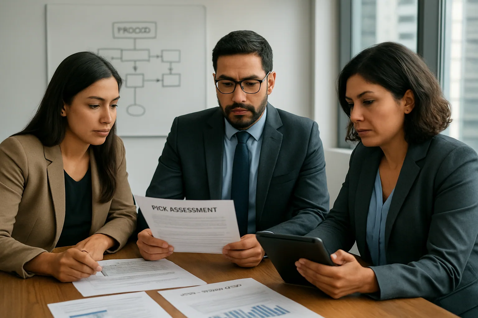 Una sala de trabajo con personas revisando diagramas de flujo, documentos de datos y una pantalla con métricas de auditoría en una mesa de oficina.