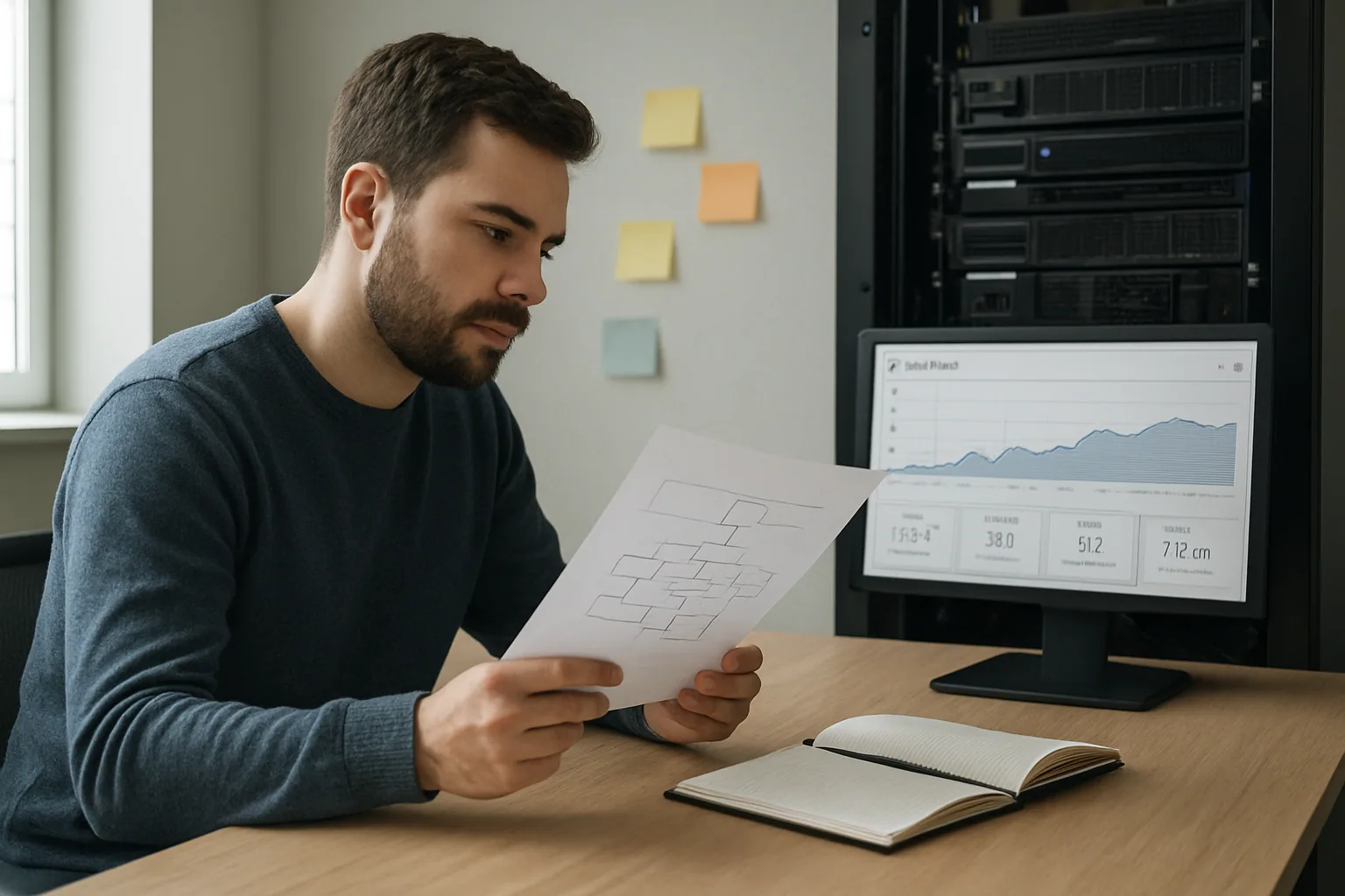 Una persona revisa en una pantalla un diagrama de workflow conectado a una base de datos PostgreSQL en una oficina técnica.