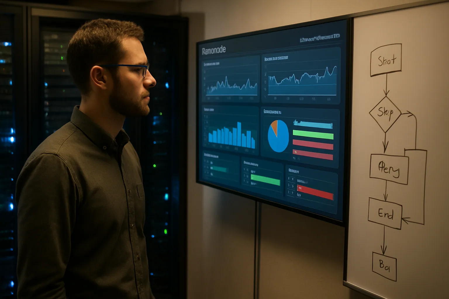 Una escena editorial con un ingeniero revisando un servidor PostgreSQL en una sala de operaciones de backend, con paneles de monitoreo y una pizarra con flujos de trabajo dibujados a mano.