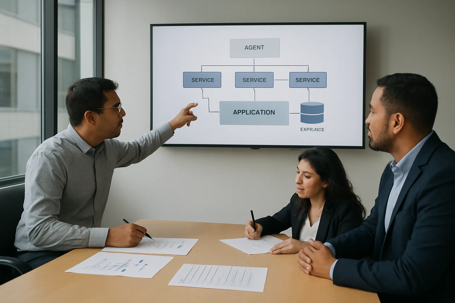 Una mesa de trabajo en una oficina moderna con un equipo revisando diagramas de arquitectura de agentes en una pantalla grande junto a paneles de gobernanza y flujos de integración.