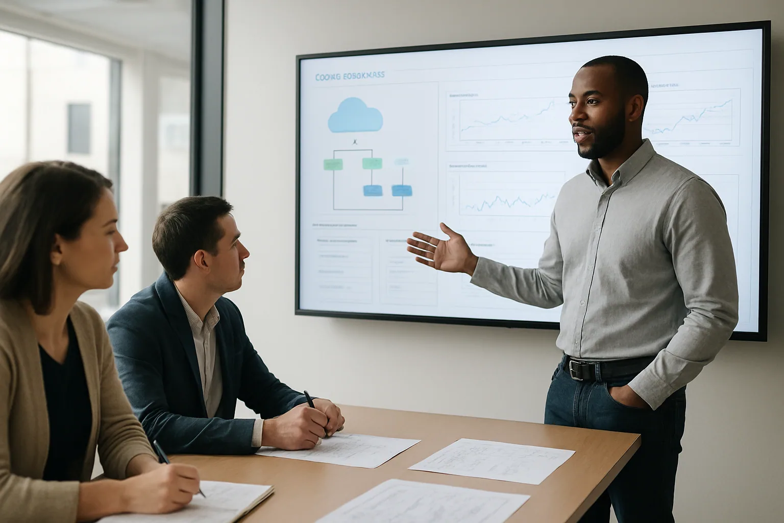 Una persona técnica revisa en una pantalla grande un panel de arquitectura con servicios de Azure, flujos de agentes de IA y métricas de despliegue en una oficina moderna.