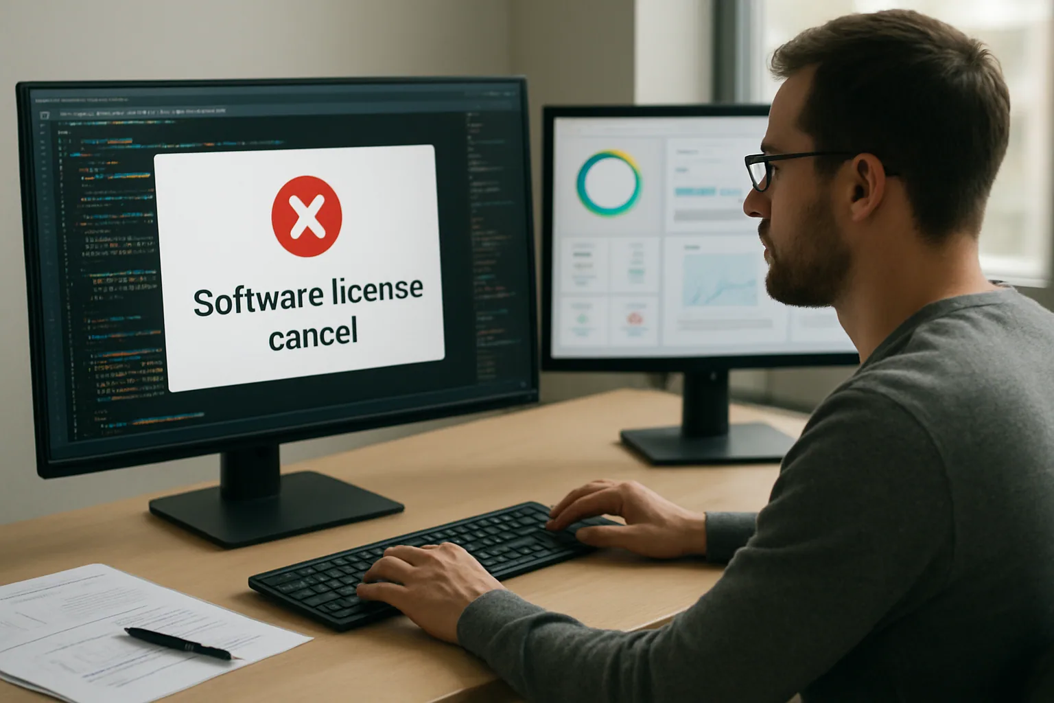 Una persona de TI revisa en una pantalla de oficina un aviso de cancelación de licencia mientras trabaja con herramientas de desarrollo y productividad.