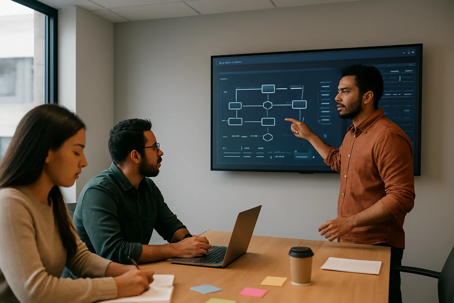 Un equipo de desarrollo revisa en una sala de reuniones un dashboard de IA proyectado en una pantalla mientras una persona toma notas frente a una laptop abierta.