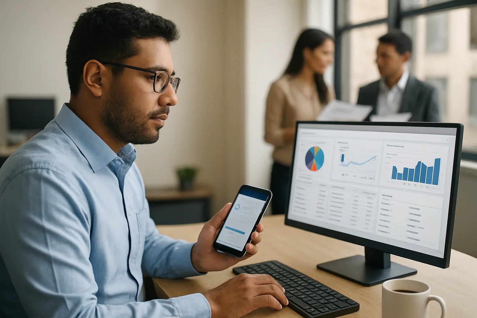 Una persona trabaja en una oficina moderna frente a una pantalla con Microsoft 365 y un móvil con Copilot, mientras un equipo revisa datos en una mesa al fondo.