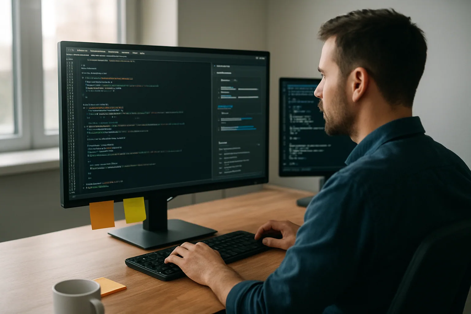 Un desarrollador revisa código en una pantalla grande mientras en otra se ve una consola con herramientas de Microsoft AI en una oficina moderna.