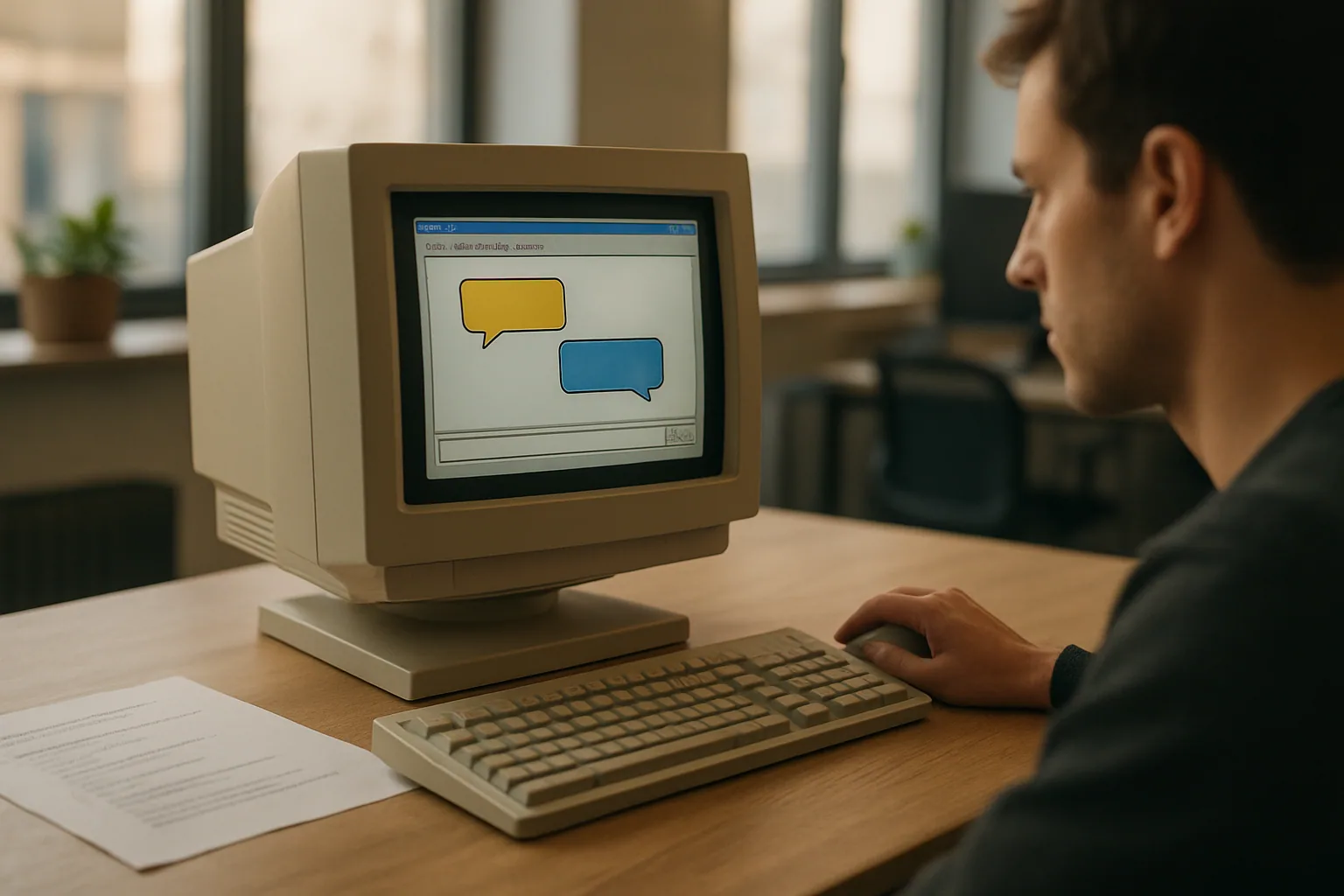 Una persona mira en una pantalla una interfaz clásica de chat con avatares tipo cómic y globos de diálogo, junto a una computadora de escritorio antigua en un entorno de oficina.